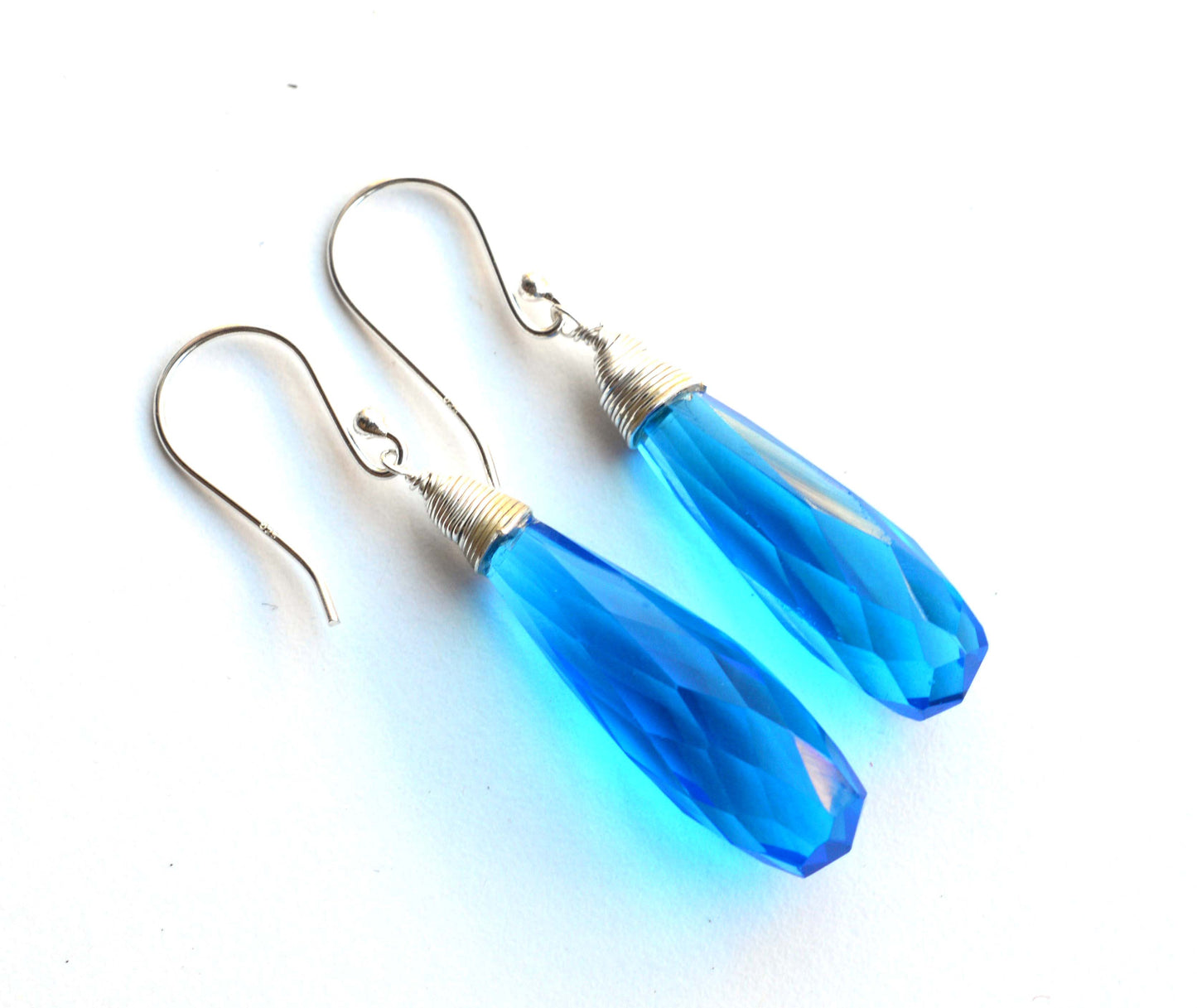 925 SOLID STERLING SILVER CUT BLUE QUARTZ DROP HOOK EARRING -1.8 INCH