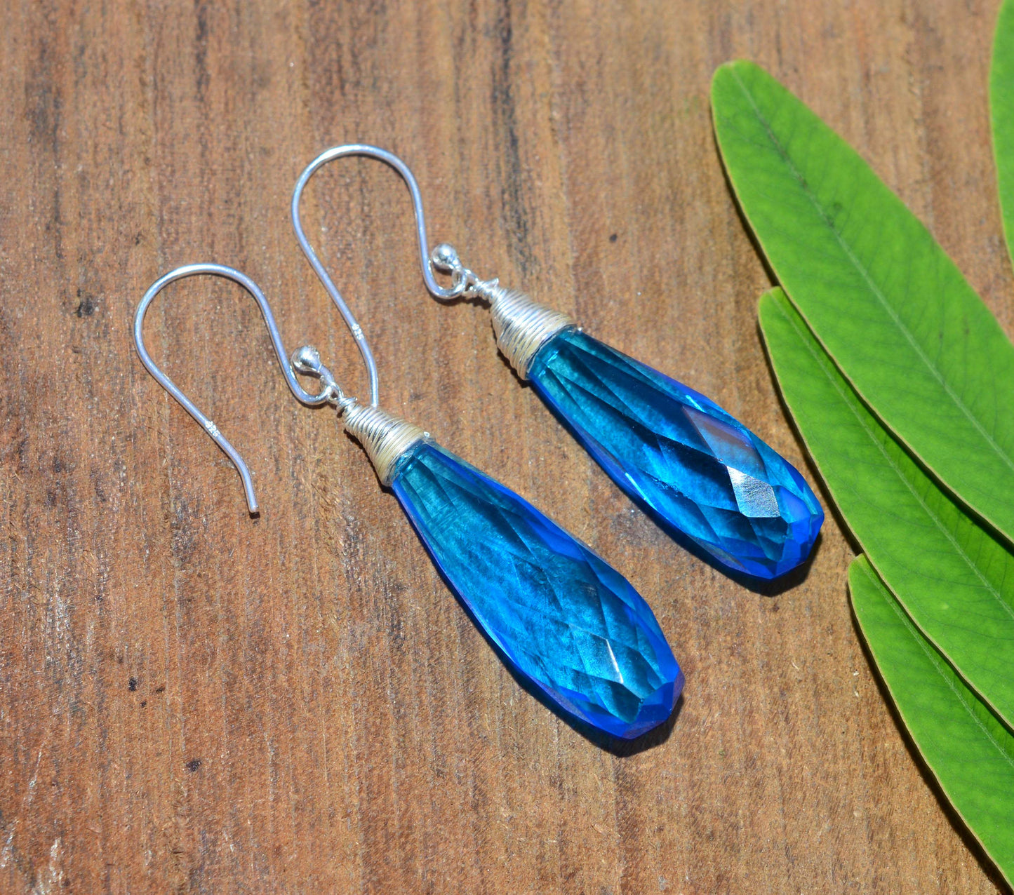 925 SOLID STERLING SILVER CUT BLUE QUARTZ DROP HOOK EARRING -1.8 INCH