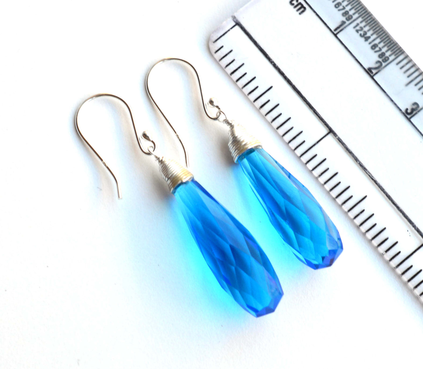 925 SOLID STERLING SILVER CUT BLUE QUARTZ DROP HOOK EARRING -1.8 INCH
