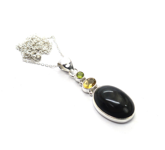 925 SOLID STERLING SILVER BLACK ONYX MIX STONE CHAIN PENDANT -19.7 INCH