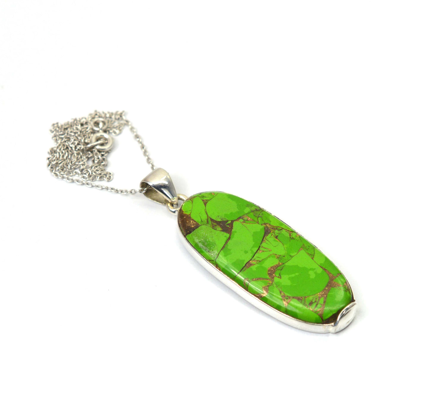 925 SOLID STERLING SILVER GREEN COPPER TURQUOISE CHAIN PENDANT -20.1 INCH