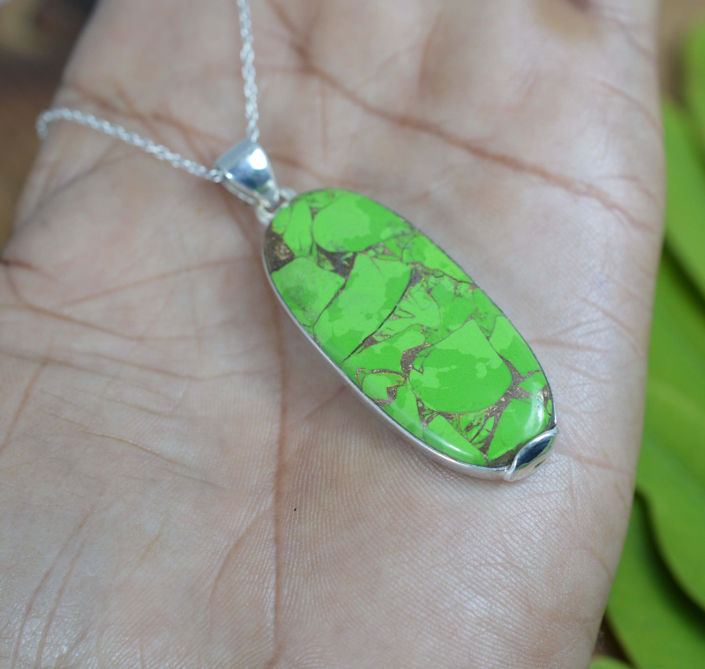 925 SOLID STERLING SILVER GREEN COPPER TURQUOISE CHAIN PENDANT -20.1 INCH