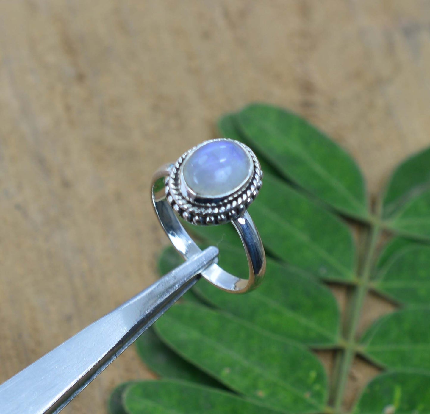 925 SOLID STERLING SILVER WHITE RAINBOW MOOSTONE RING -6 US