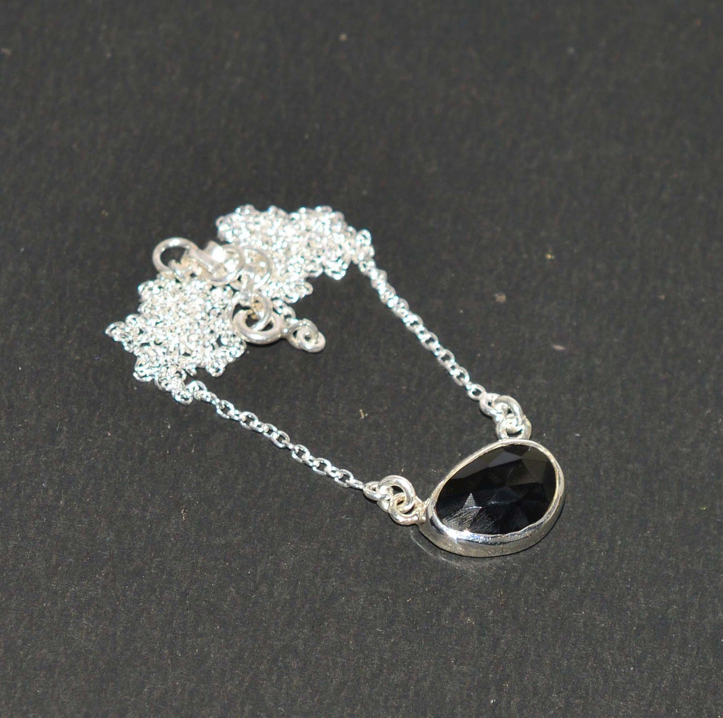 925 SOLID STERLING SILVER FACETED BLACK ONYX NECKLACE -15 INCH