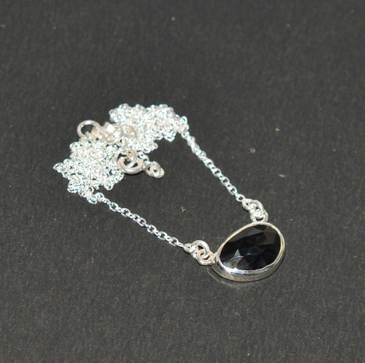 925 SOLID STERLING SILVER FACETED BLACK ONYX NECKLACE -15 INCH