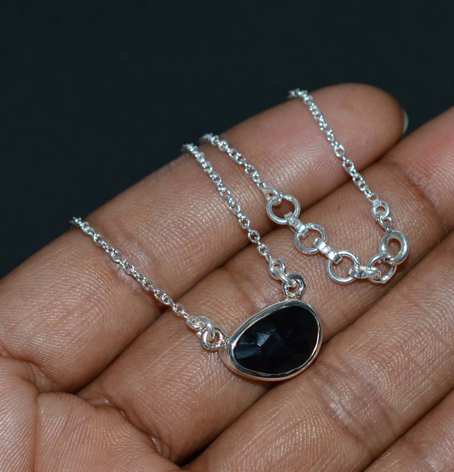 925 SOLID STERLING SILVER FACETED BLACK ONYX NECKLACE -15 INCH