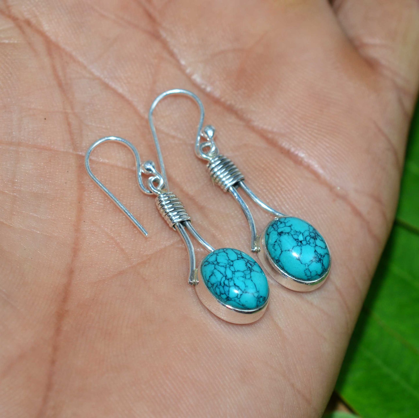 925 SOLID STERLING SILVER BLUE TURQUOISE HOOK EARRING -1.5 INCH