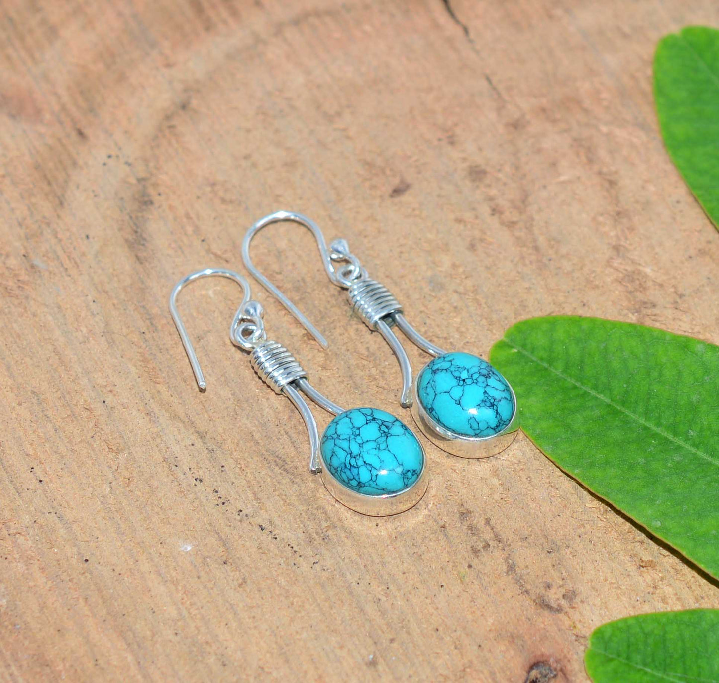 925 SOLID STERLING SILVER BLUE TURQUOISE HOOK EARRING -1.5 INCH