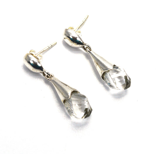 925 SOLID STERLING SILVER CUT CLEAR CRYSTAL QUARTZ STUD DROP EARRING-1.5INCH