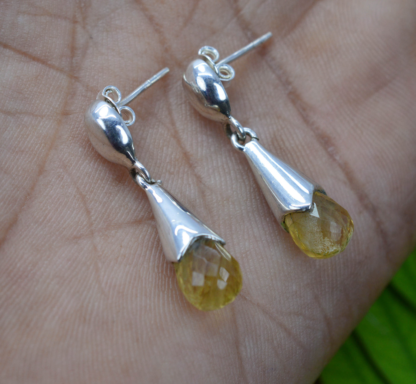 925 SOLID STERLING SILVER CUT YELLOW CITRINE STUD DROP EARRING -1.2 INCH