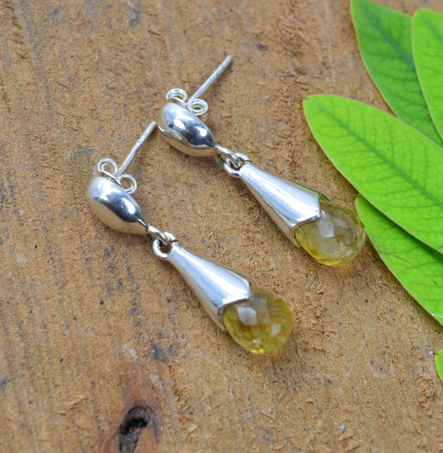925 SOLID STERLING SILVER CUT YELLOW CITRINE STUD DROP EARRING -1.2 INCH