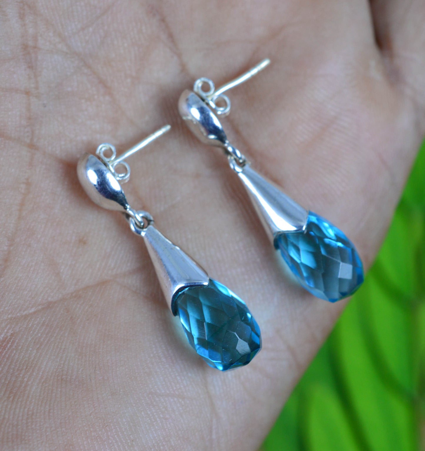 925 SOLID STERLING SILVER CUT BLUE QUARTZ STUD DROP EARRING -1.2 INCH