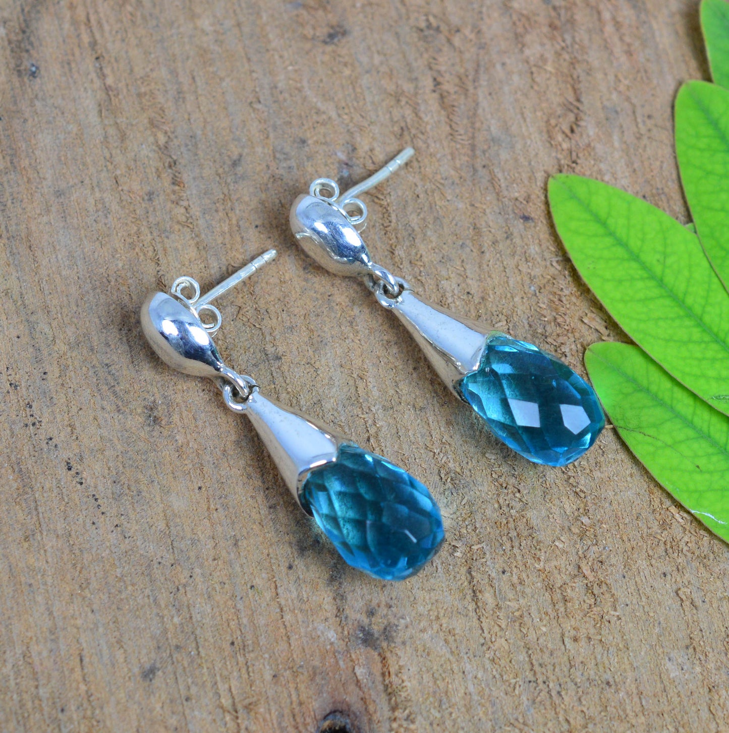 925 SOLID STERLING SILVER CUT BLUE QUARTZ STUD DROP EARRING -1.2 INCH