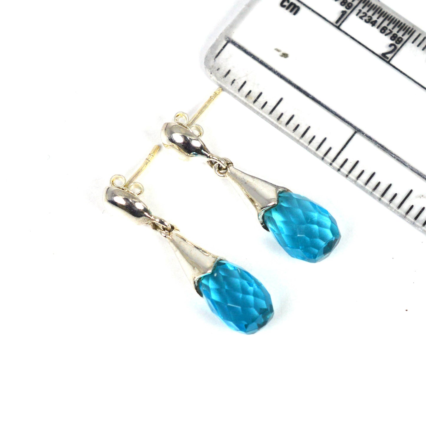 925 SOLID STERLING SILVER CUT BLUE QUARTZ STUD DROP EARRING -1.2 INCH