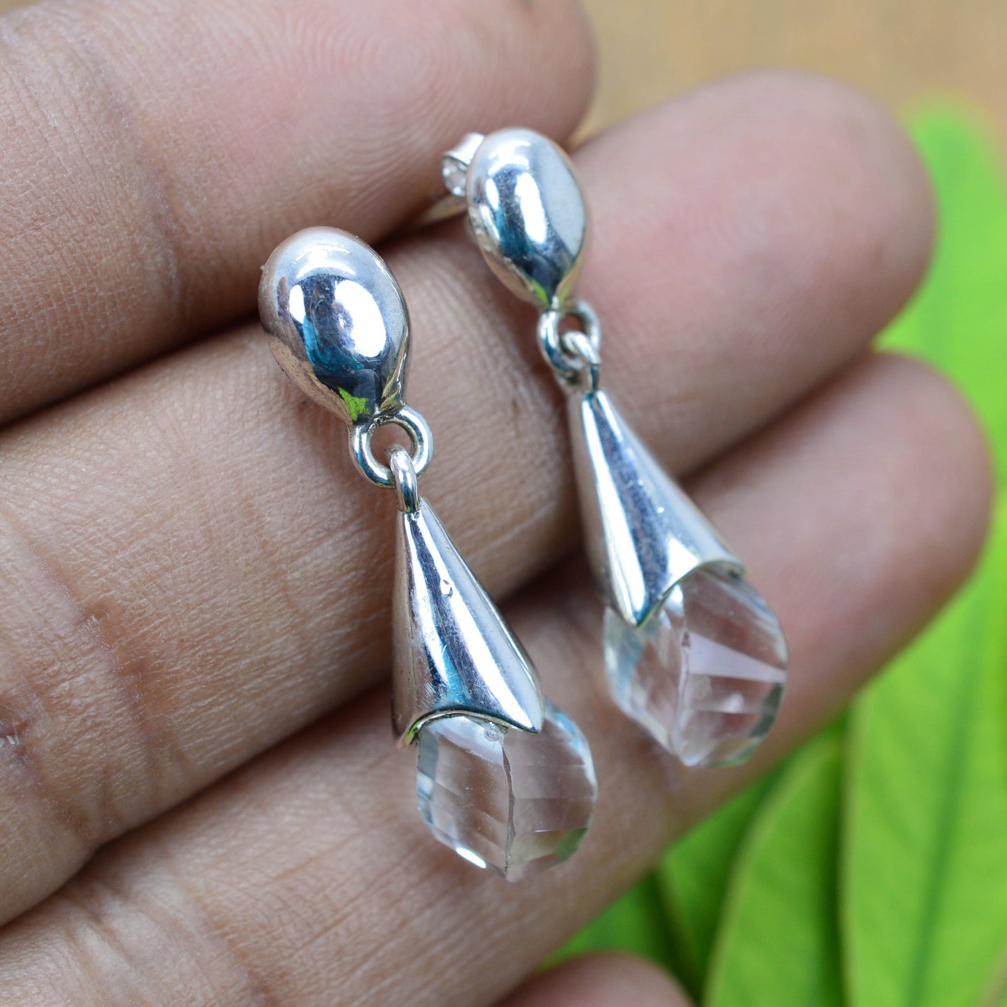 925 SOLID STERLING SILVER CUT CLEAR CRYSTAL QUARTZ STUD DROP EARRING-1.3INCH