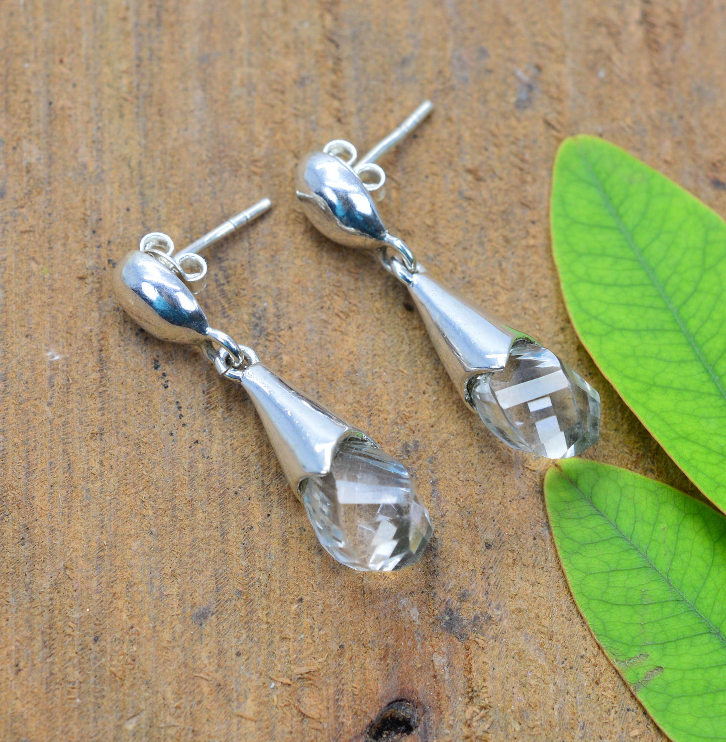 925 SOLID STERLING SILVER CUT CLEAR CRYSTAL QUARTZ STUD DROP EARRING-1.3INCH