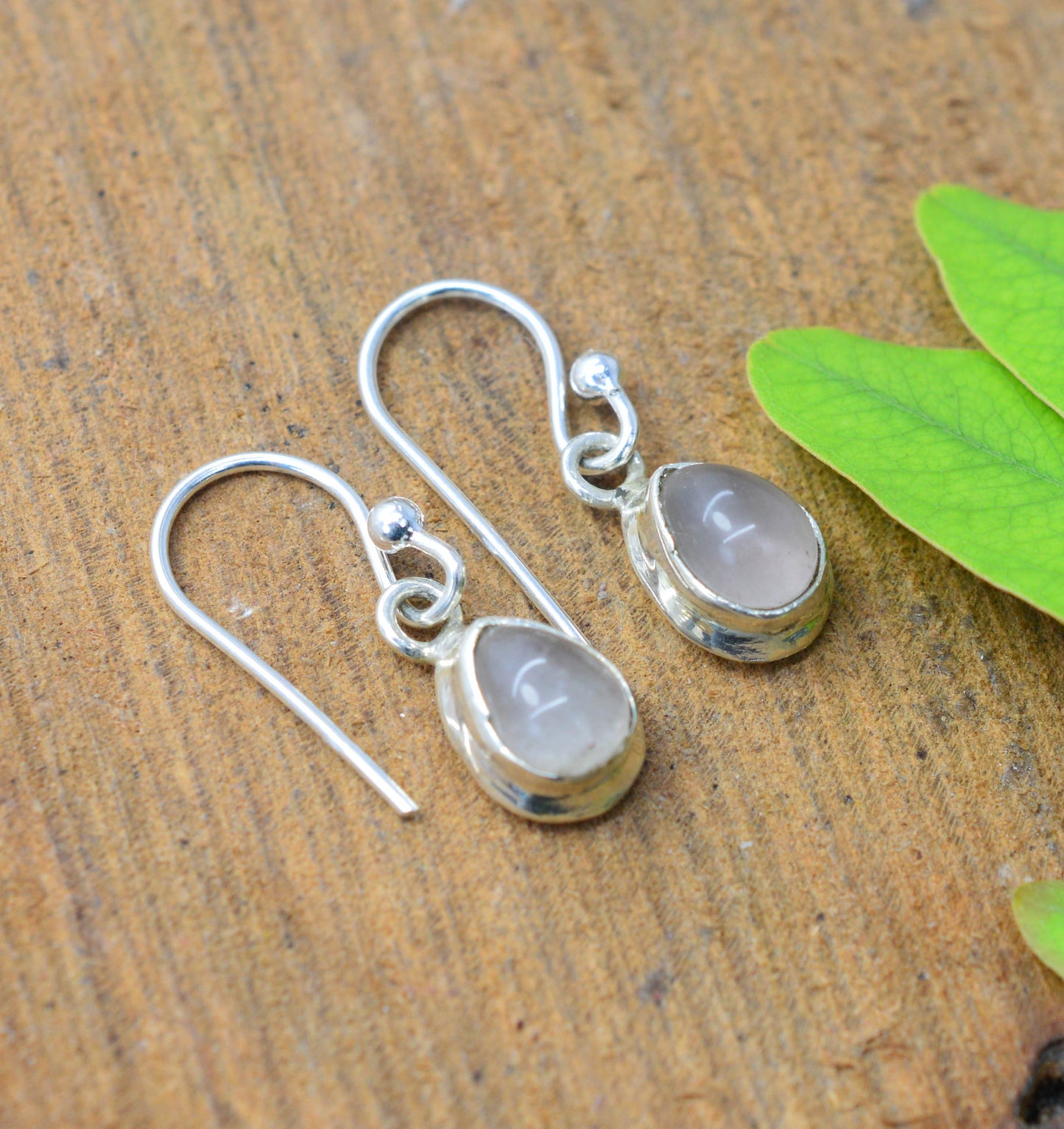 925 SOLID STERLING SILVER PINK ROSE QUARTZ HOOK EARRING -0.8 INCH