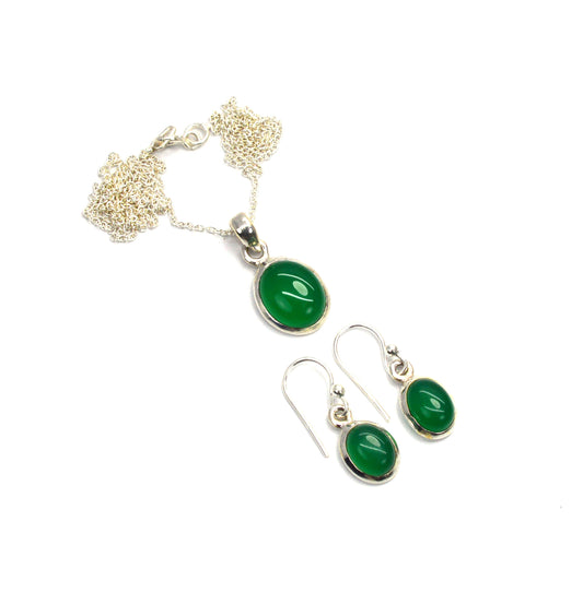 925 SOLID STERLING SILVER GREEN ONYX HOOK EARRING CHAIN PENDANT SET