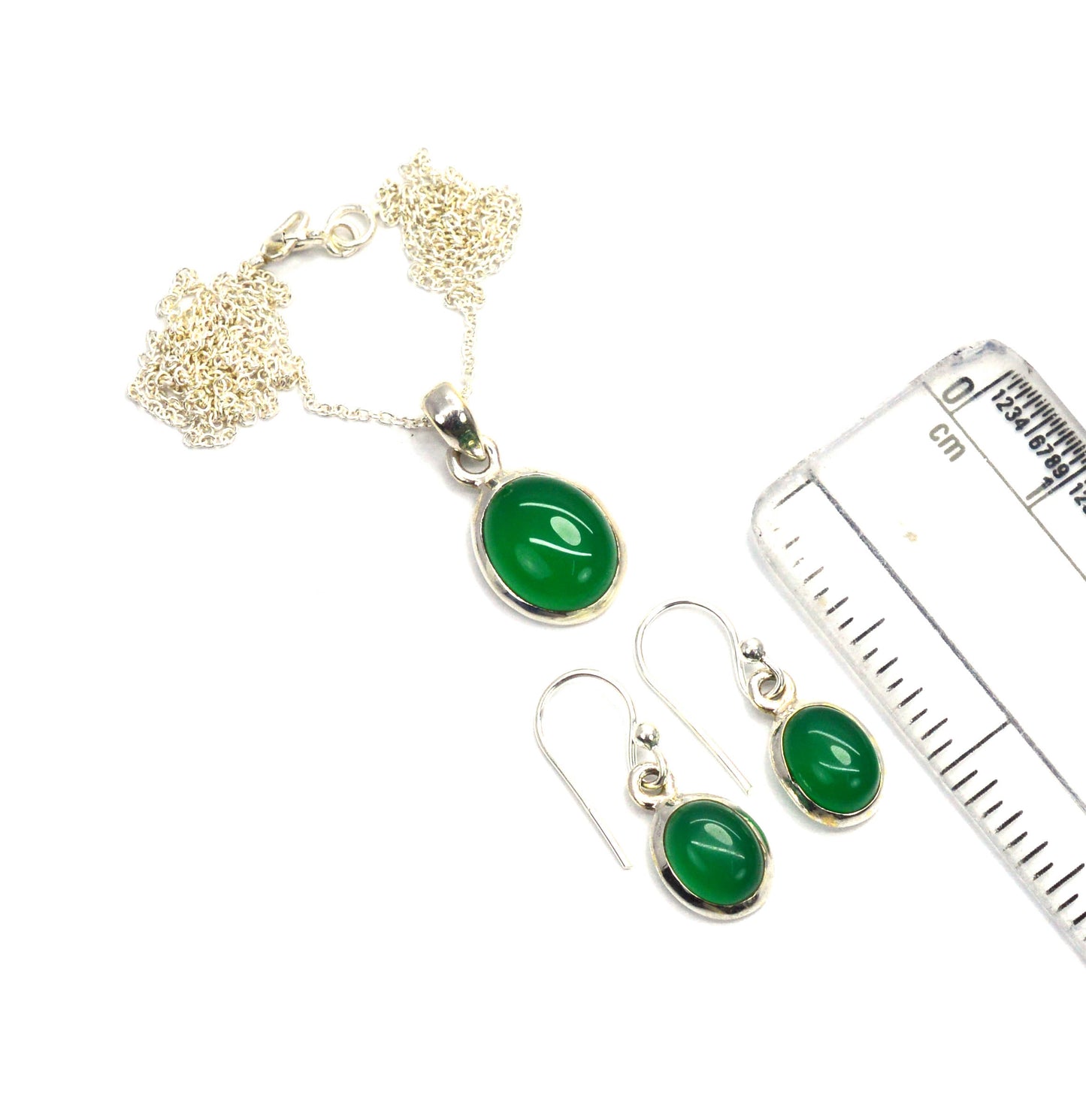 925 SOLID STERLING SILVER GREEN ONYX HOOK EARRING CHAIN PENDANT SET