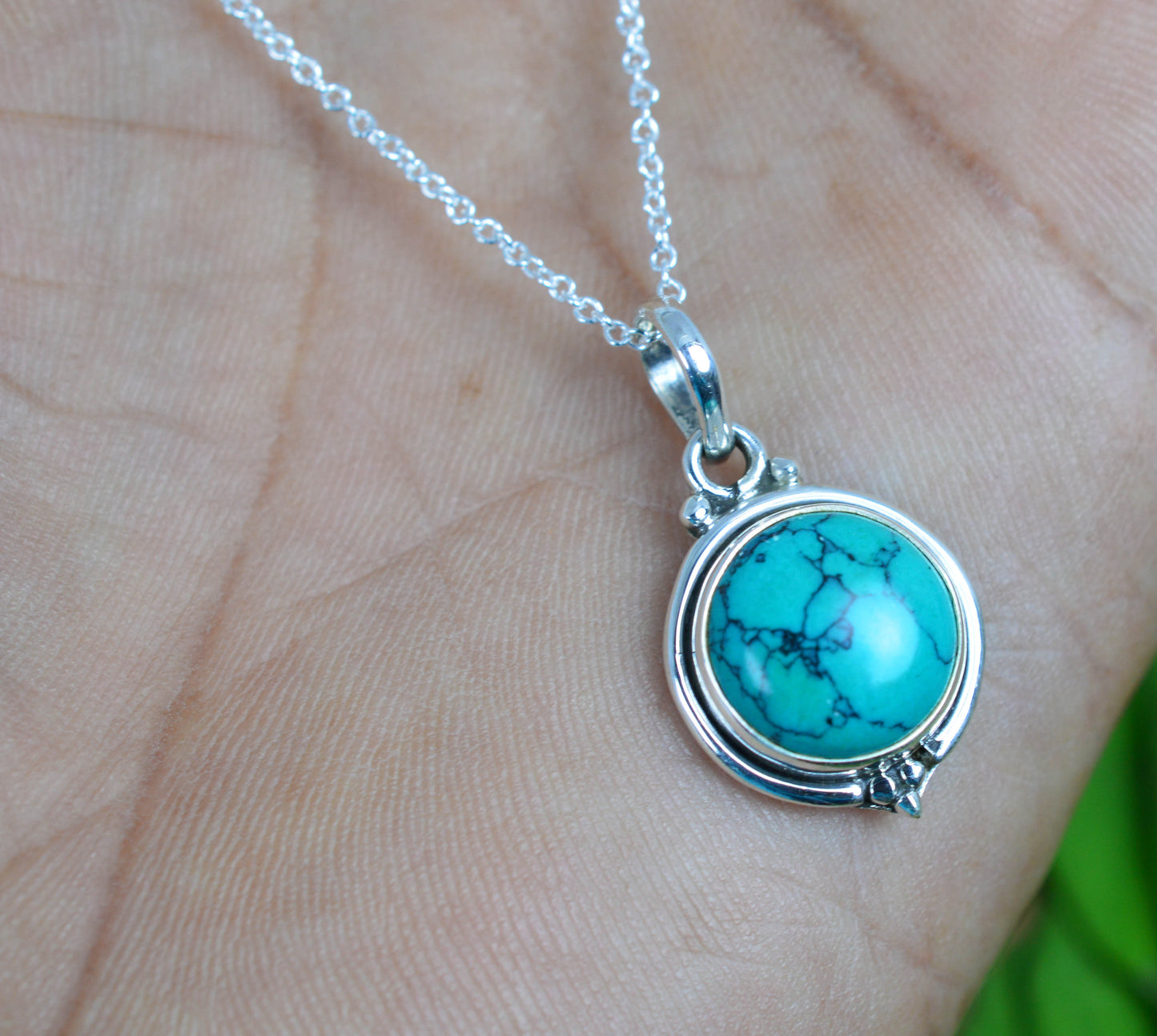 925 SOLID STERLING SILVER BLUE TURQUOISE CHAIN PENDANT -19 INCH