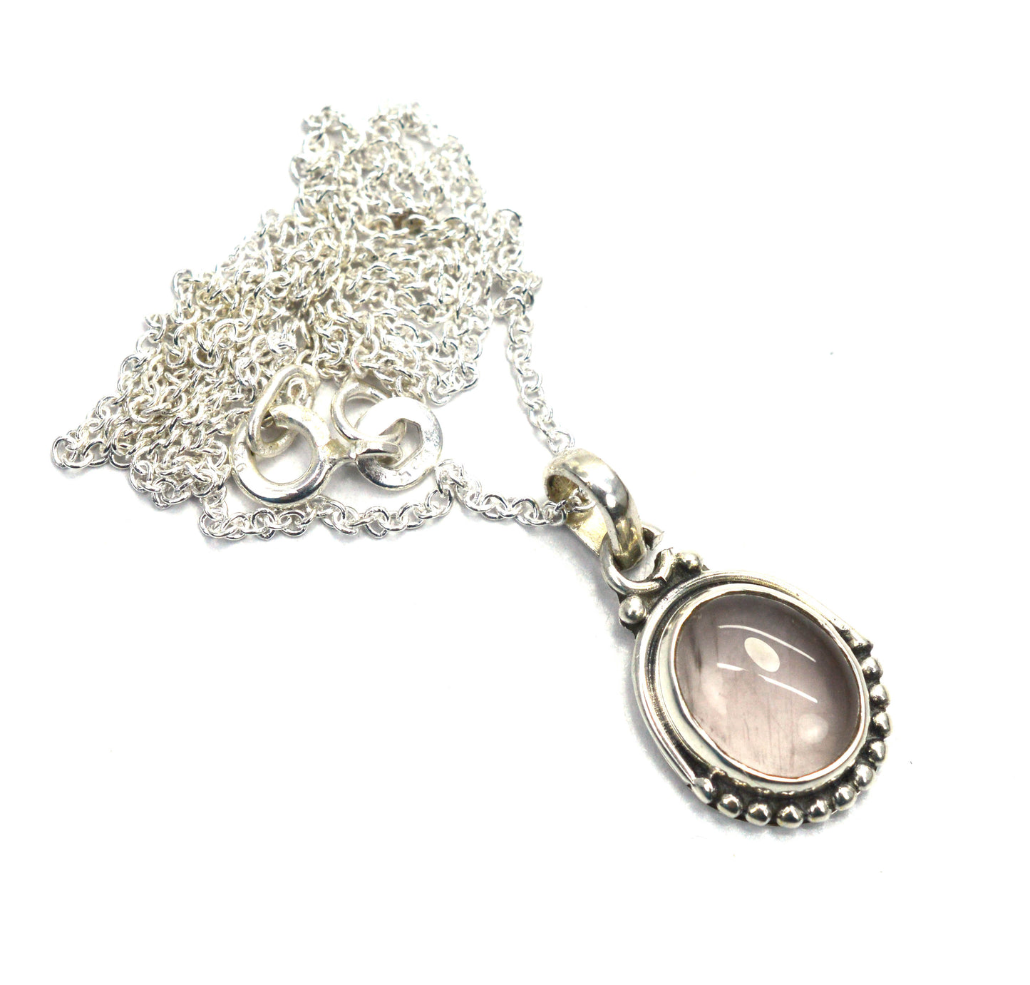 925 SOLID STERLING SILVER PINK ROSE QUARTZ CHAIN PENDANT -18.7 INCH