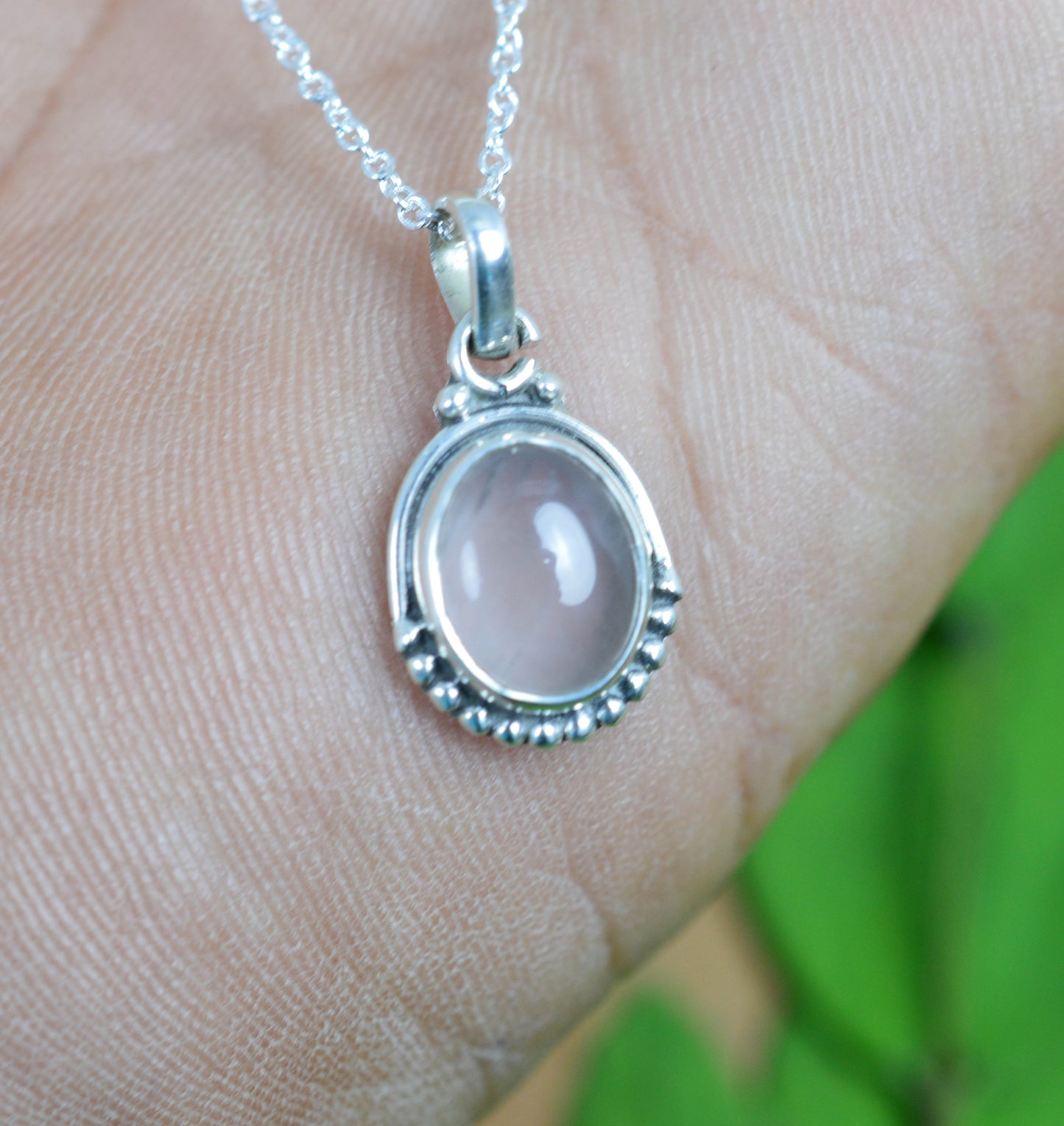 925 SOLID STERLING SILVER PINK ROSE QUARTZ CHAIN PENDANT -18.7 INCH
