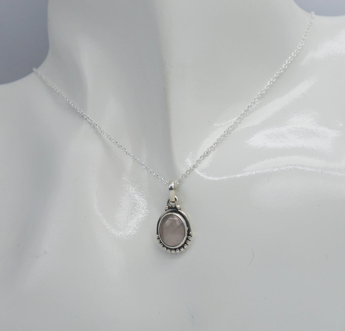 925 SOLID STERLING SILVER PINK ROSE QUARTZ CHAIN PENDANT -18.7 INCH