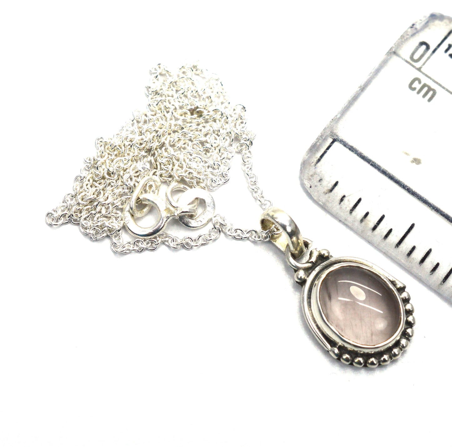 925 SOLID STERLING SILVER PINK ROSE QUARTZ CHAIN PENDANT -18.7 INCH