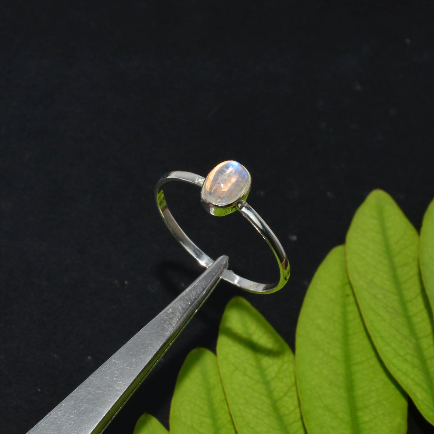 925 Solid Sterling Silver White Rainbow Moonstone Ring-8.5 US