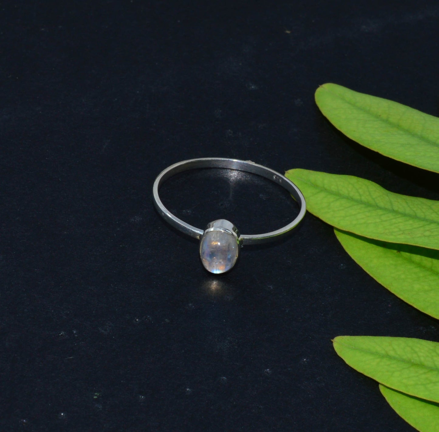 925 Solid Sterling Silver White Rainbow Moonstone Ring-8.5 US