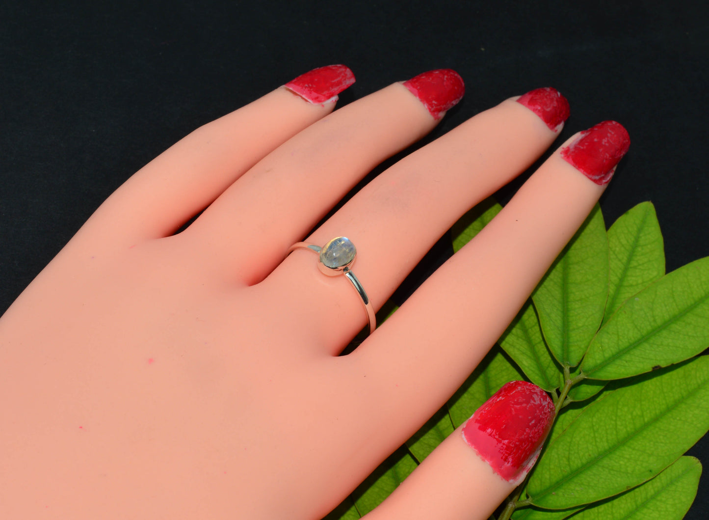 925 Solid Sterling Silver White Rainbow Moonstone Ring-8.5 US