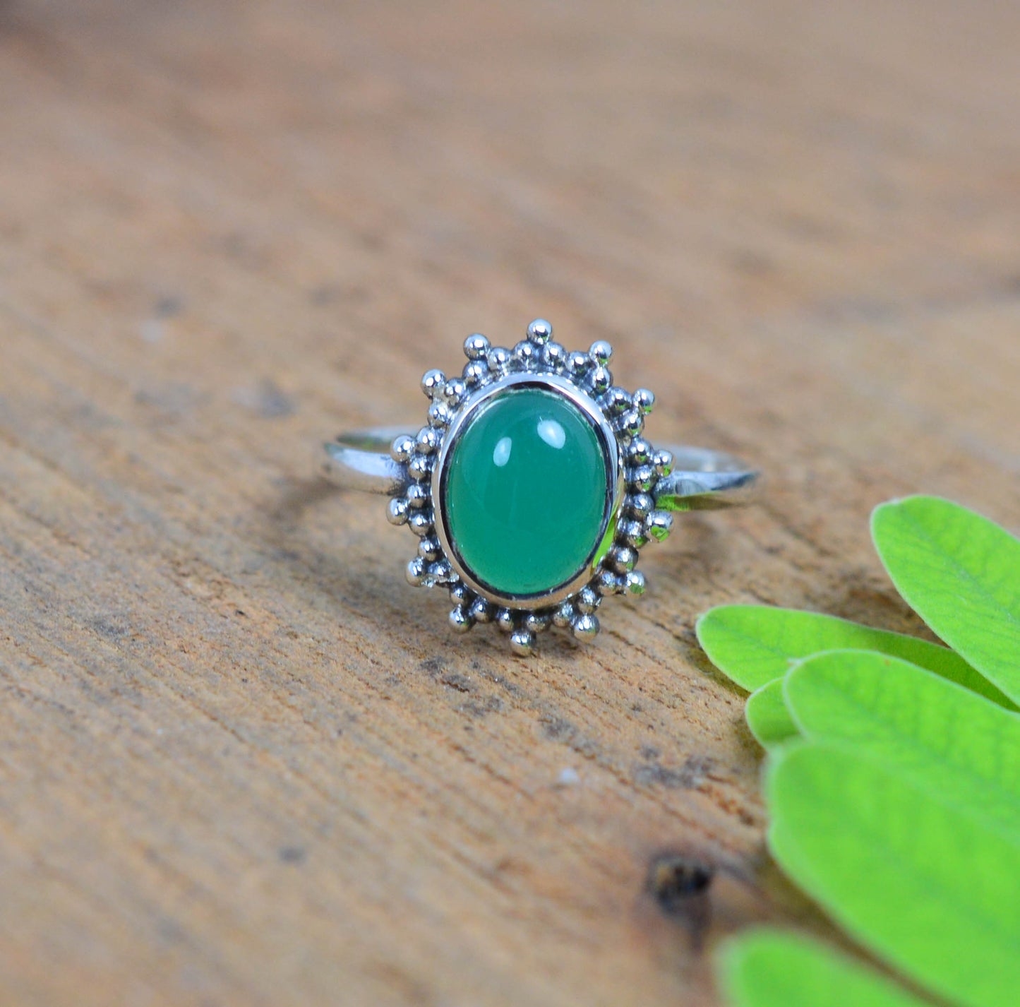 925 Solid Sterling Silver Green Onyx Ring-6 US