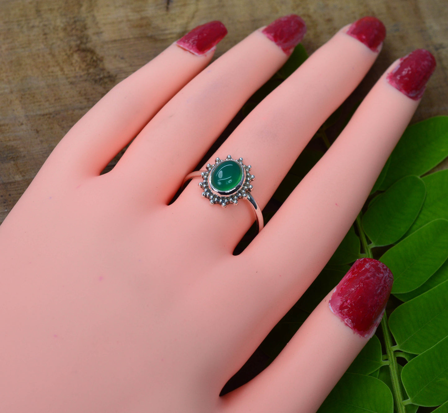 925 Solid Sterling Silver Green Onyx Ring-6 US
