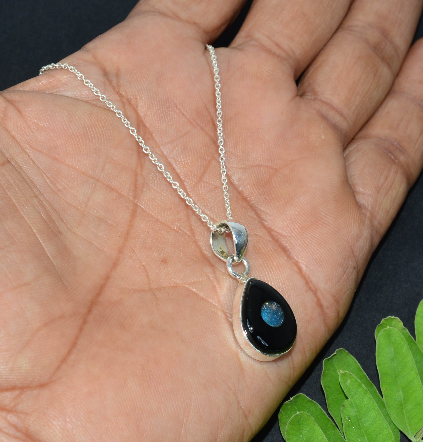 925 Solid Sterling Silver BLACK ONYX Labradorite CHAIN PENDANT 19"