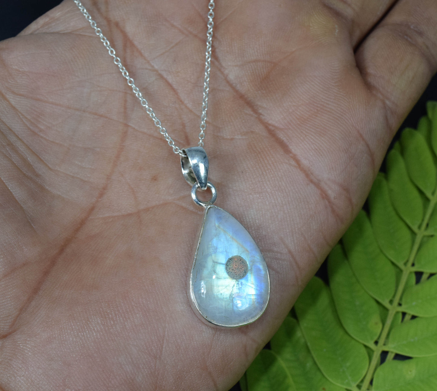 925 Sterling Silver RAINBOW MOONSTONE ETHIOPIAN OPAL Chain Pendant-19.3"