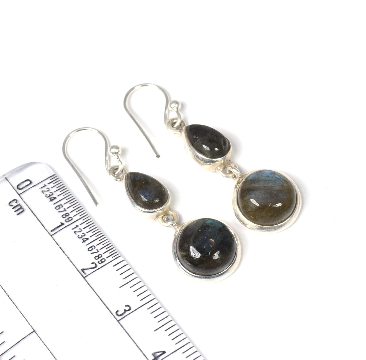 925 Solid Sterling Silver LABRADORITE ANTIQUE LOOK Hook Earrings 1.5" NEW