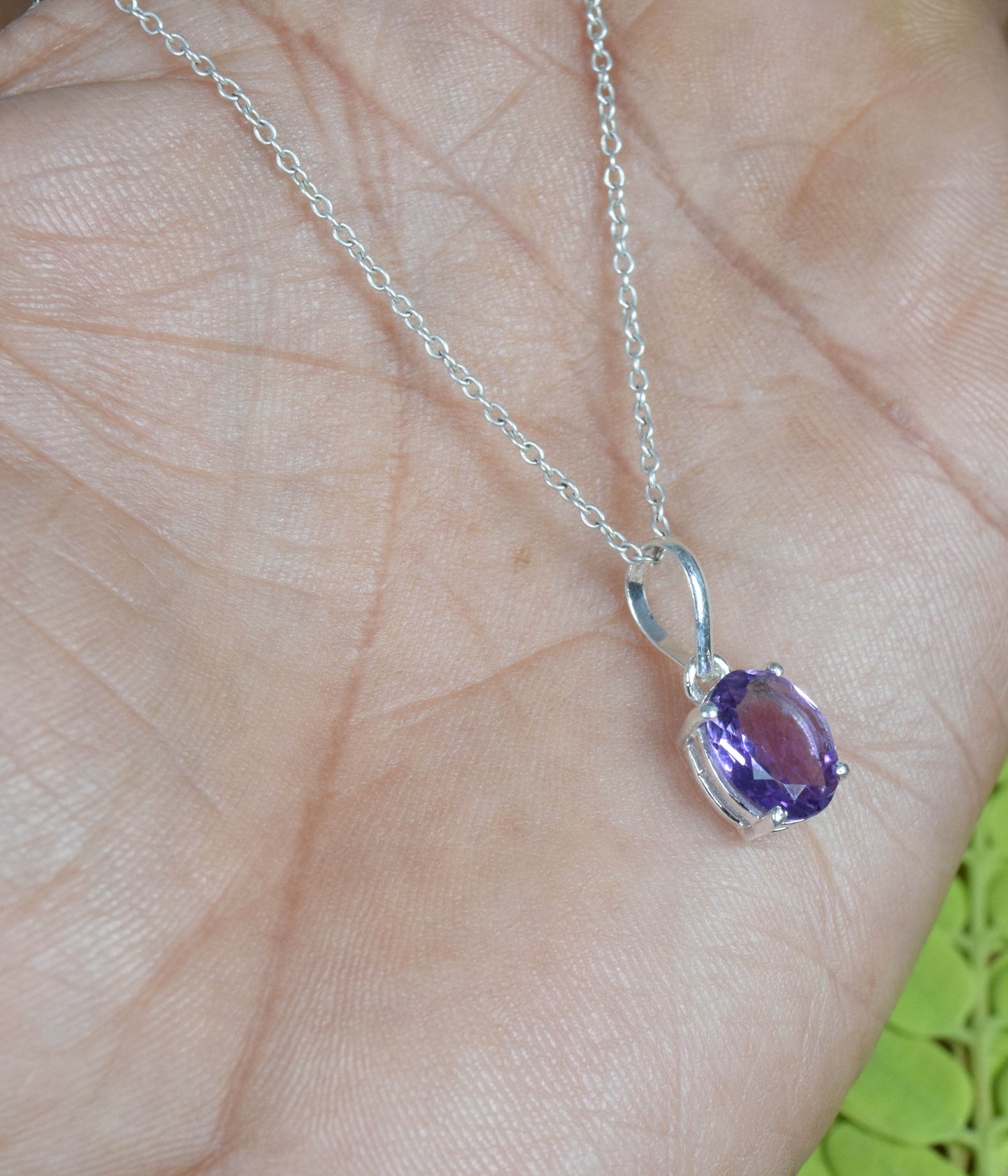 925 Solid Sterling Silver cut Purple Amethyst Chain Pendant