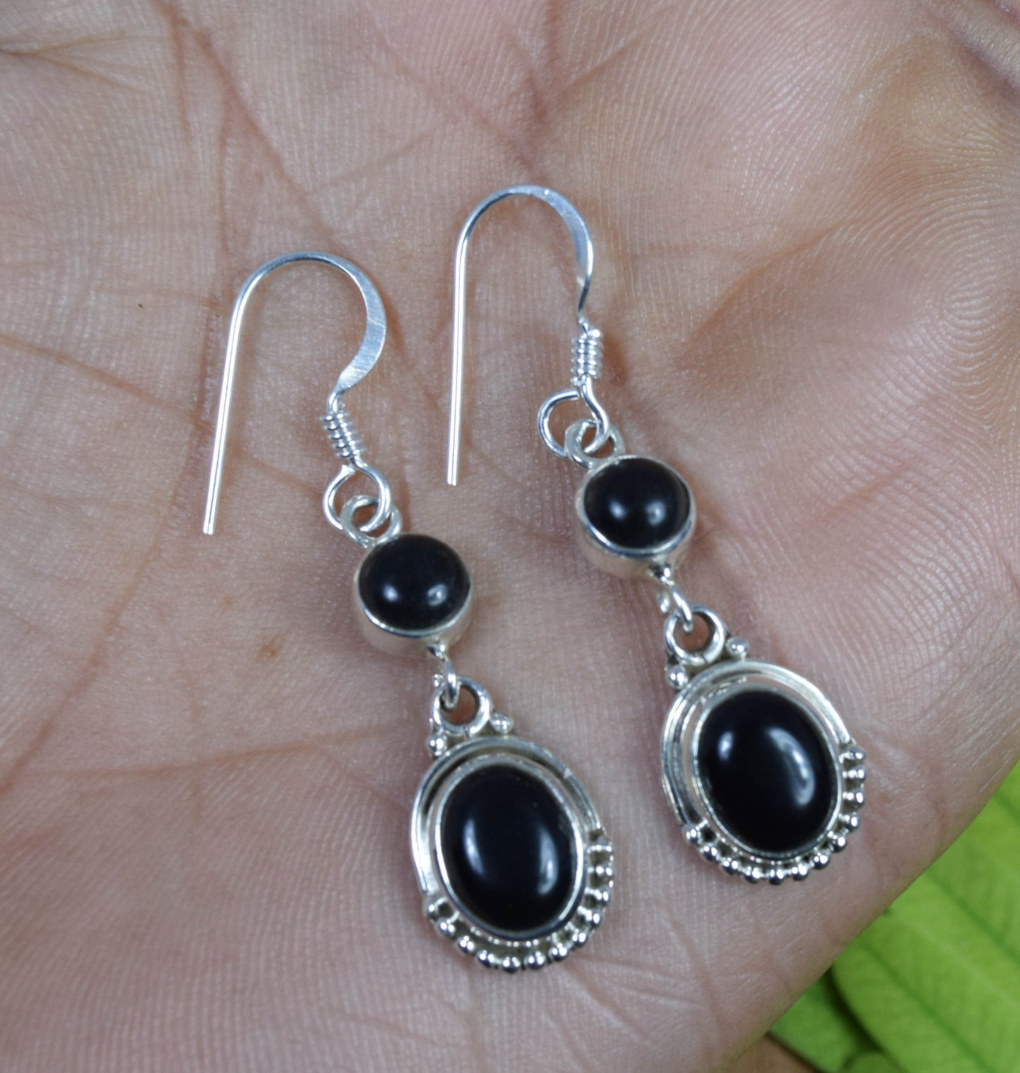 925 Solid Sterling Silver Black onyx Hook Earring -1.6 Inch