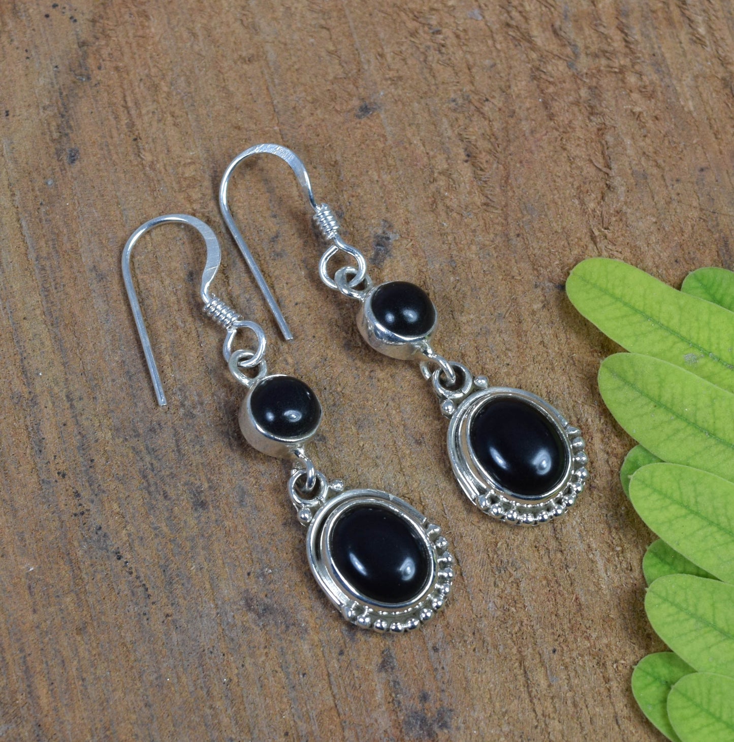 925 Solid Sterling Silver Black onyx Hook Earring -1.6 Inch