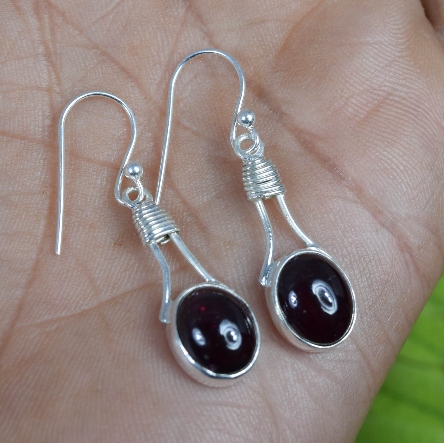925 Solid Sterling Silver Red Garnet Hook Earring -1.5 Inch