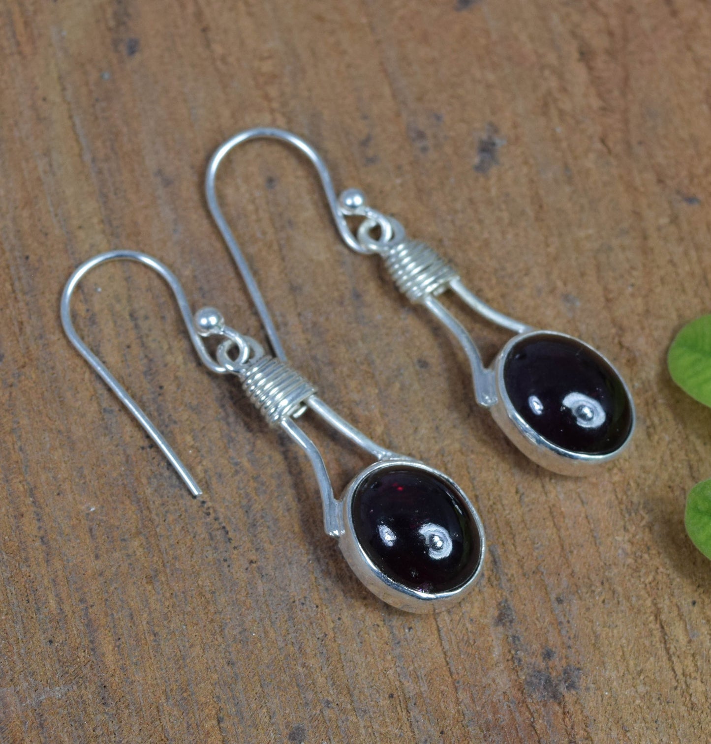 925 Solid Sterling Silver Red Garnet Hook Earring -1.5 Inch