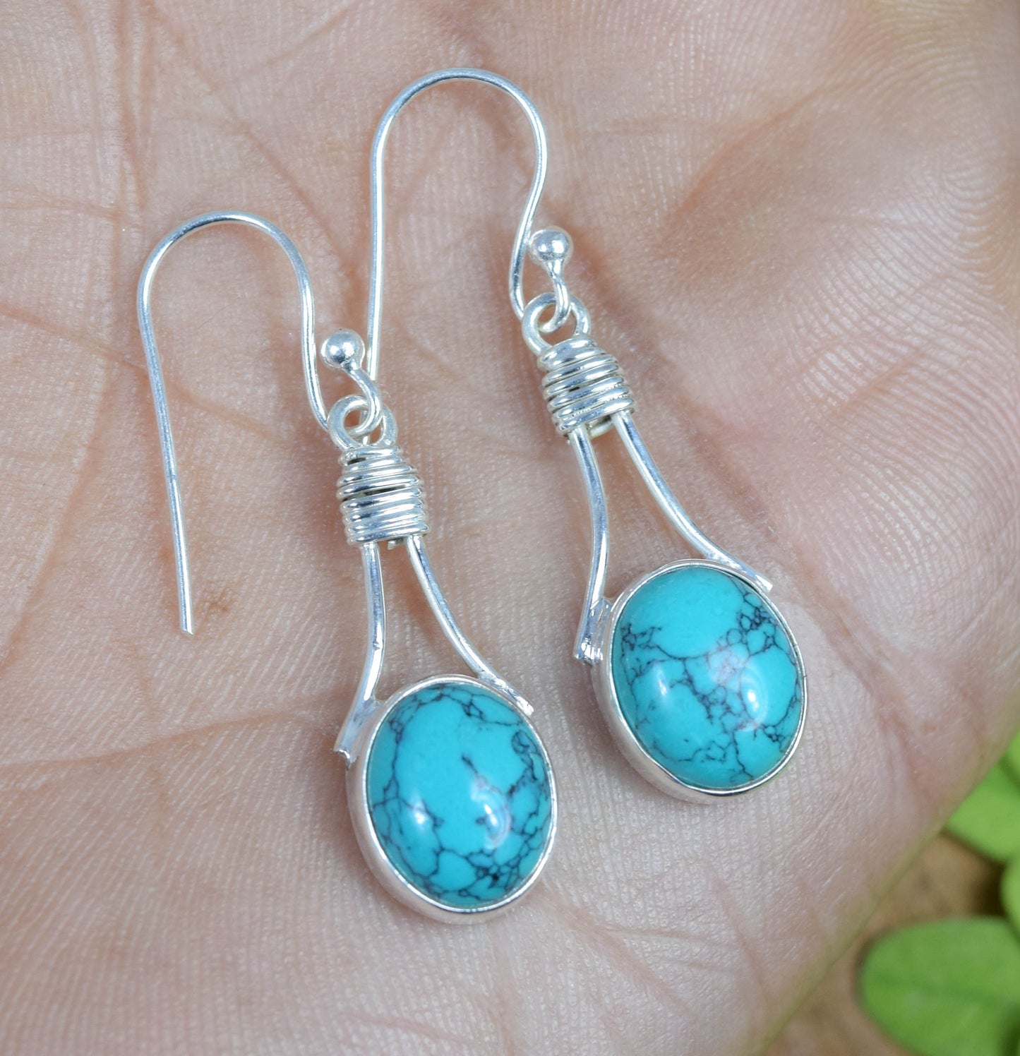 925 Solid Sterling Silver Blue Turquoise Hook Earring - 1.5 Inch