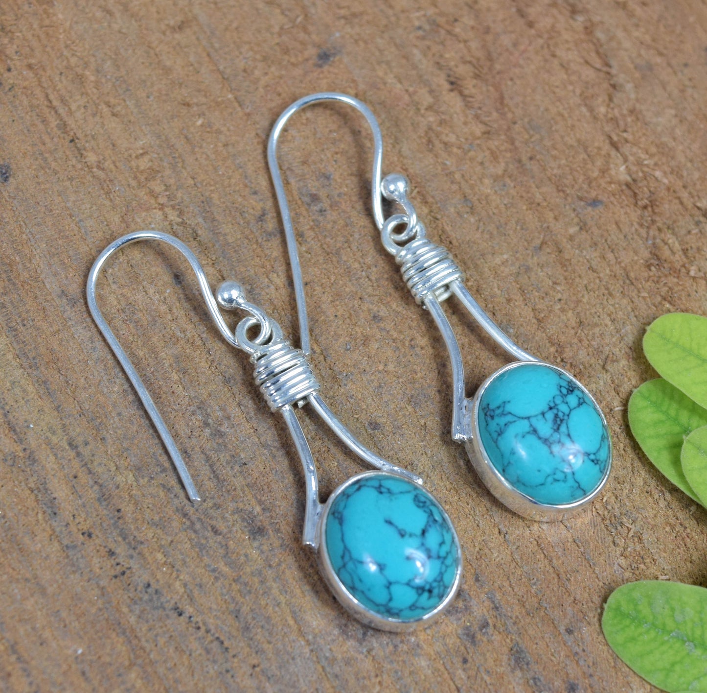 925 Solid Sterling Silver Blue Turquoise Hook Earring - 1.5 Inch