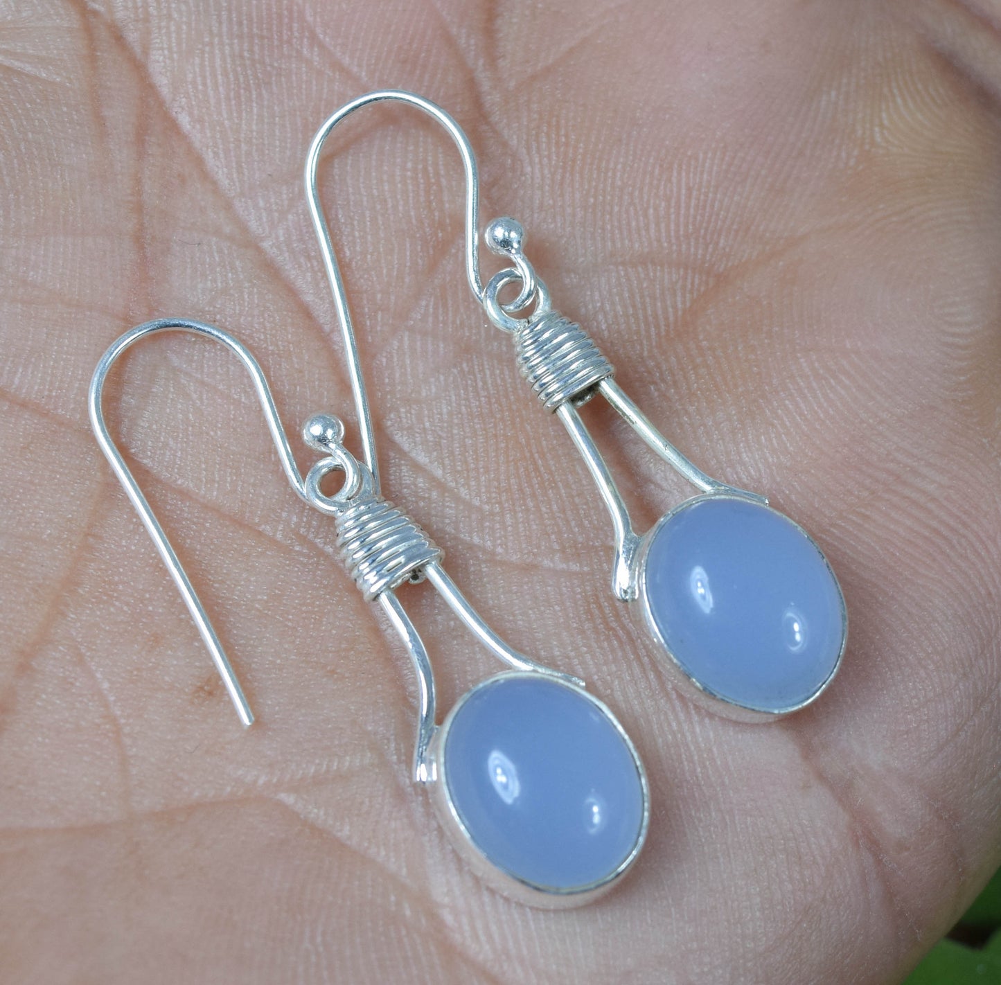 925 Solid Sterling Silver Blue Chalcedony Hook Earring -1.5 Inch