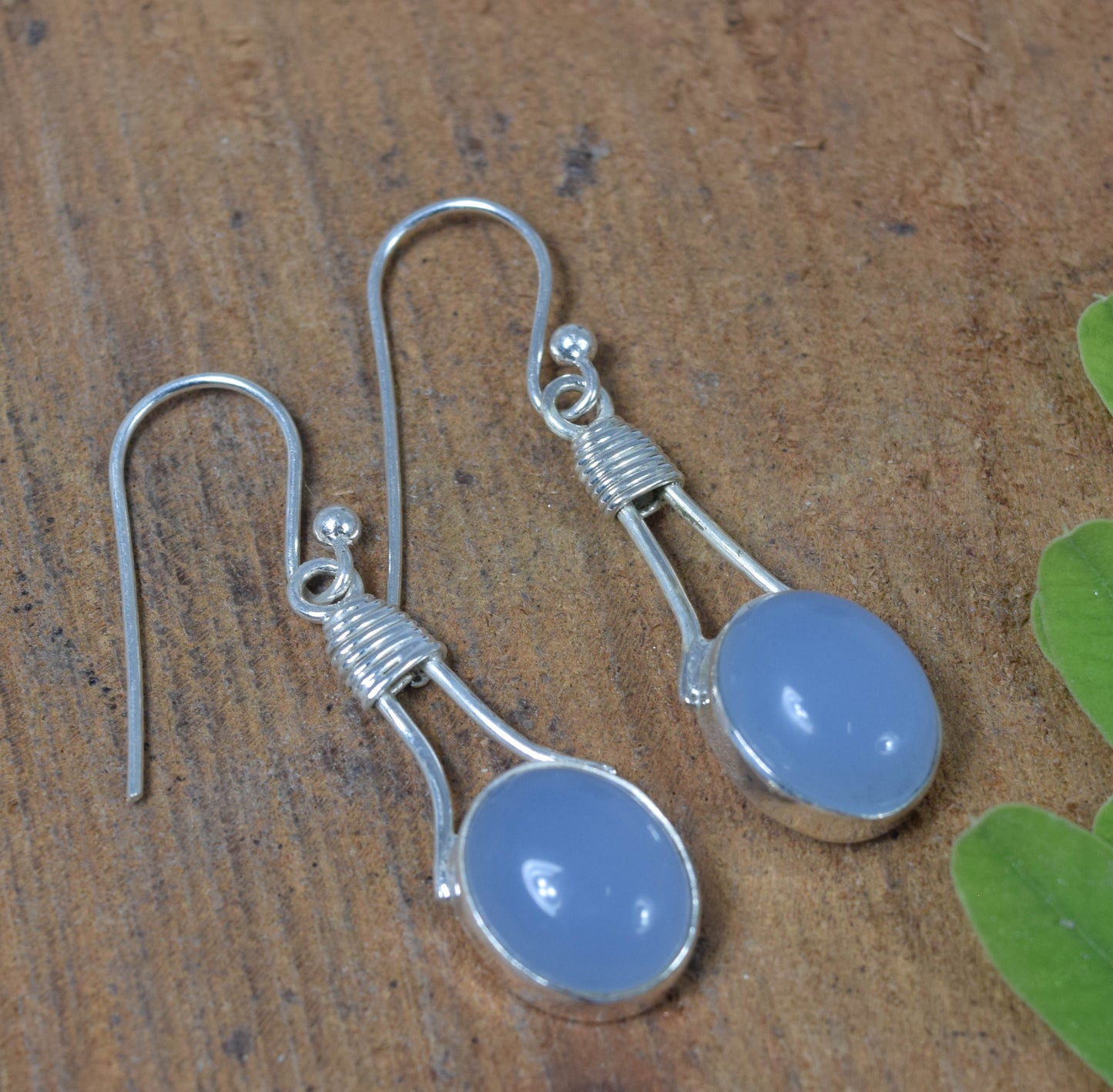 925 Solid Sterling Silver Blue Chalcedony Hook Earring -1.5 Inch