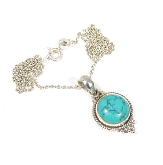 925 Solid Sterling Silver Blue Turquoise Chain Pendant -19 Inch