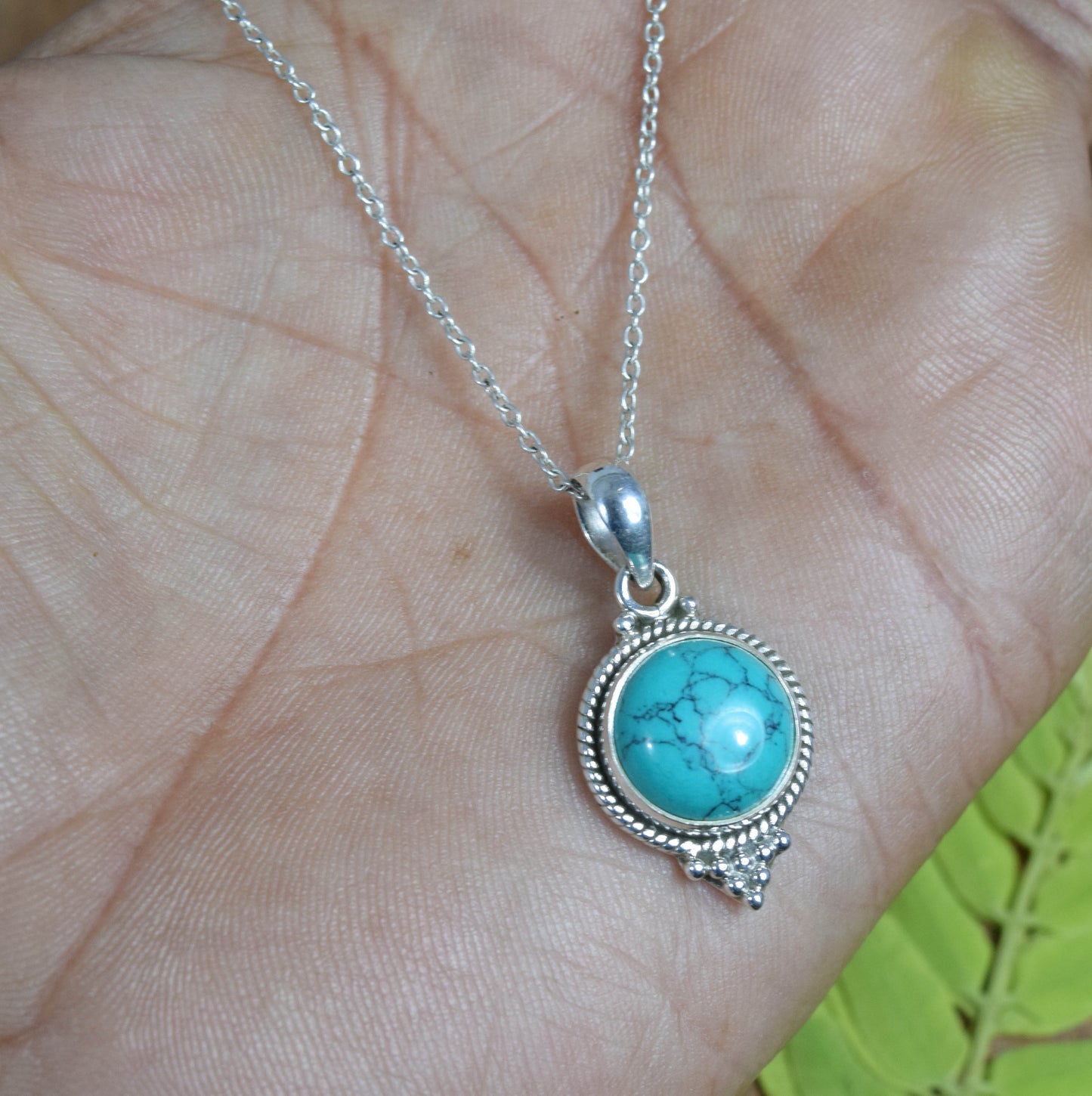 925 Solid Sterling Silver Blue Turquoise Chain Pendant -19 Inch