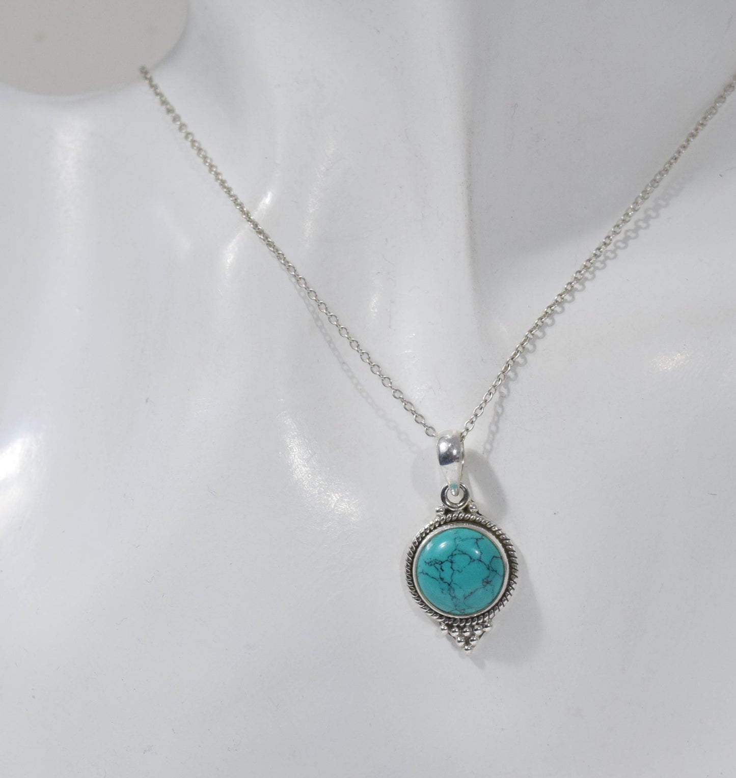 925 Solid Sterling Silver Blue Turquoise Chain Pendant -19 Inch