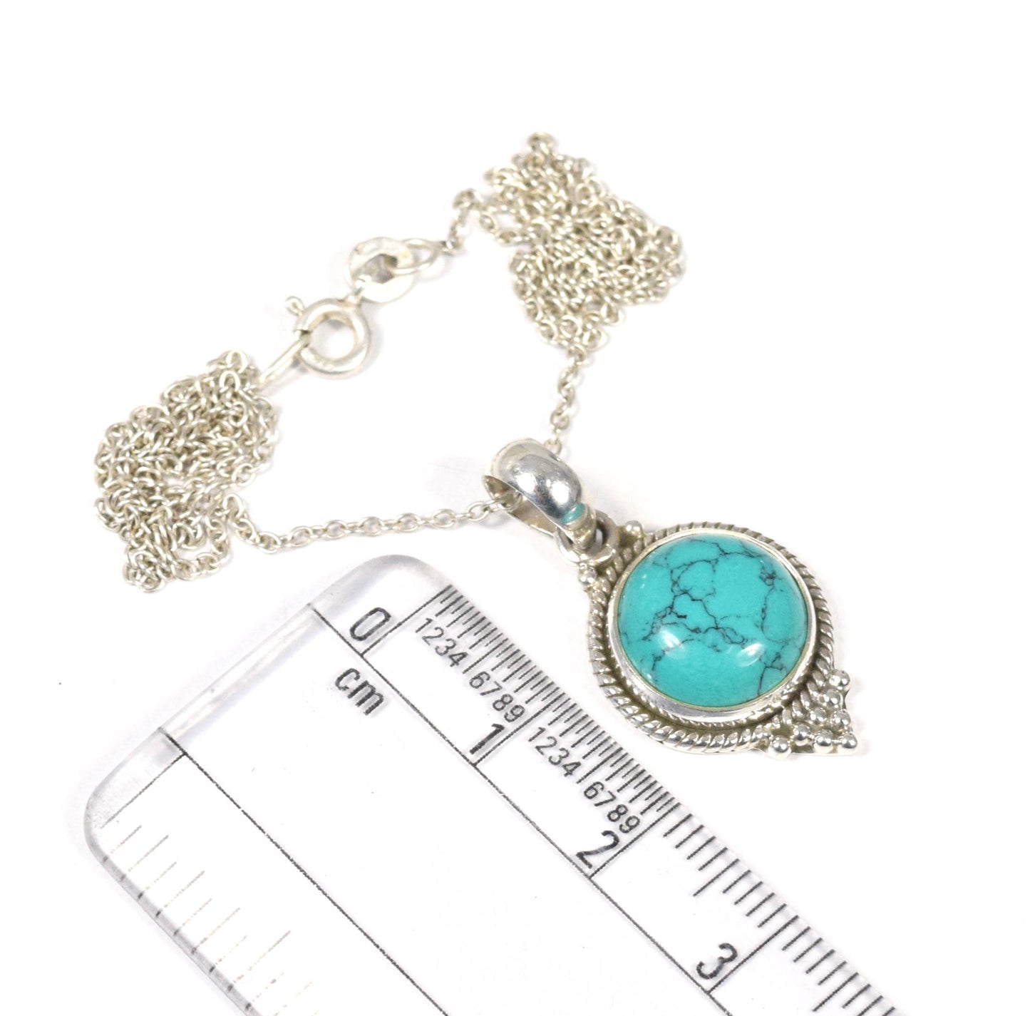 925 Solid Sterling Silver Blue Turquoise Chain Pendant -19 Inch