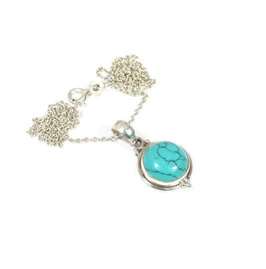 925 Solid Sterling Silver Blue Turquoise Chain Pendant -19 Inch